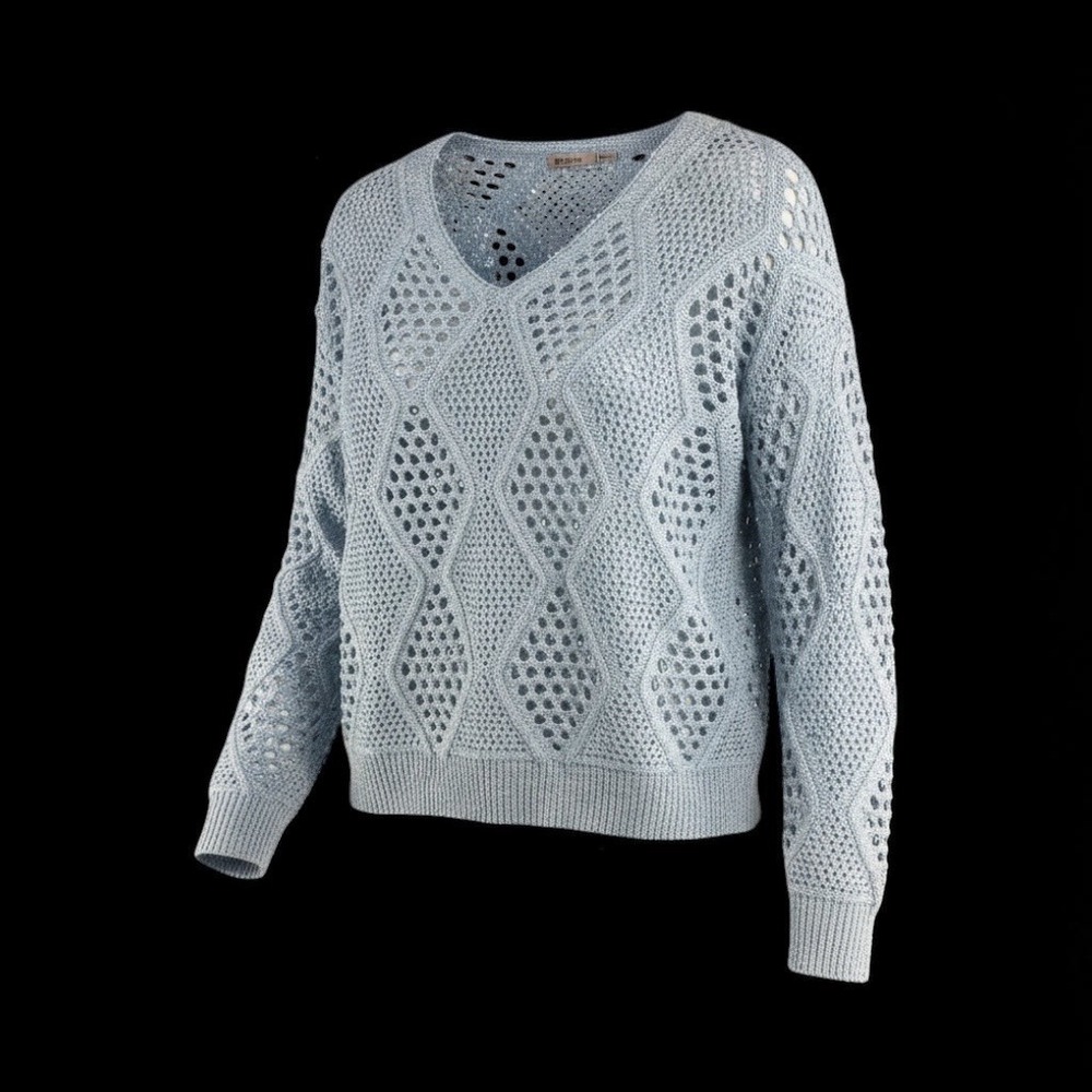 Esqualo Women Blue Metallic Diamond Open Knit Crochet V-Neck Sweater L